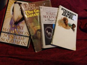 Toni Morrison’s Song of Solomon, F. Scott Fitzgerald the Great Gatsby, Harper Lee To kill a mockingbird Steinbeck of mice and men banned books week banned books list